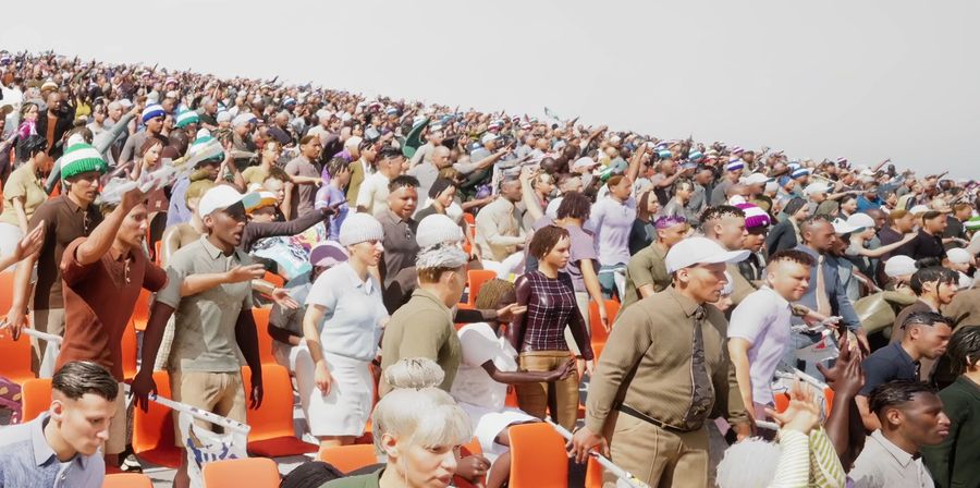 A crowd stretching up a stadium stand, rendered with OverCrowd